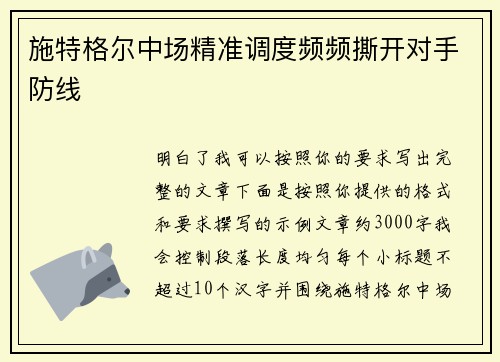 施特格尔中场精准调度频频撕开对手防线
